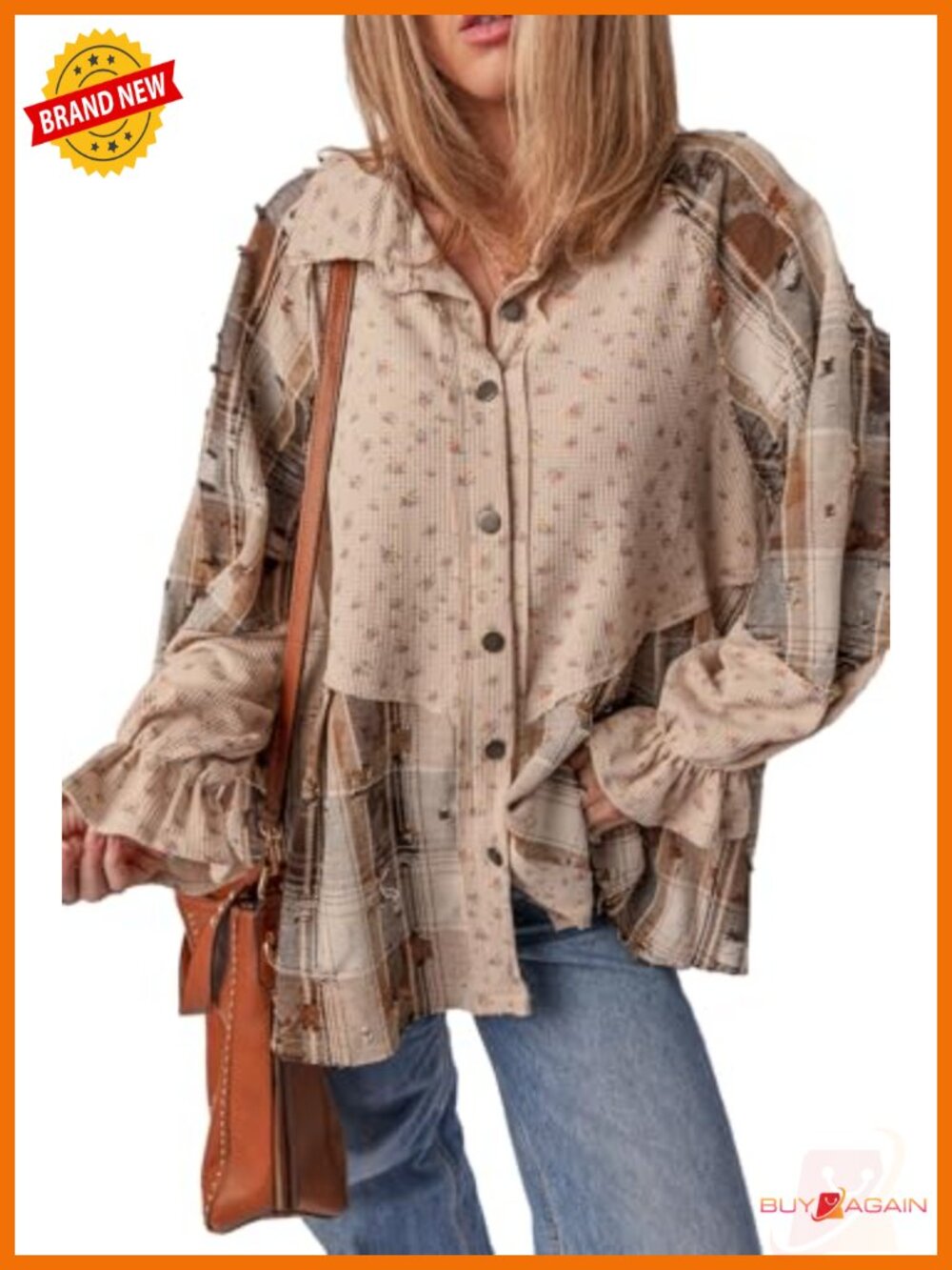 Waffle Knit Plaid Button Down Shirt Ruffled Sleeve Loose Fit Shacket